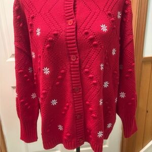 Talbots Red Cardigan with Snowflake Accents